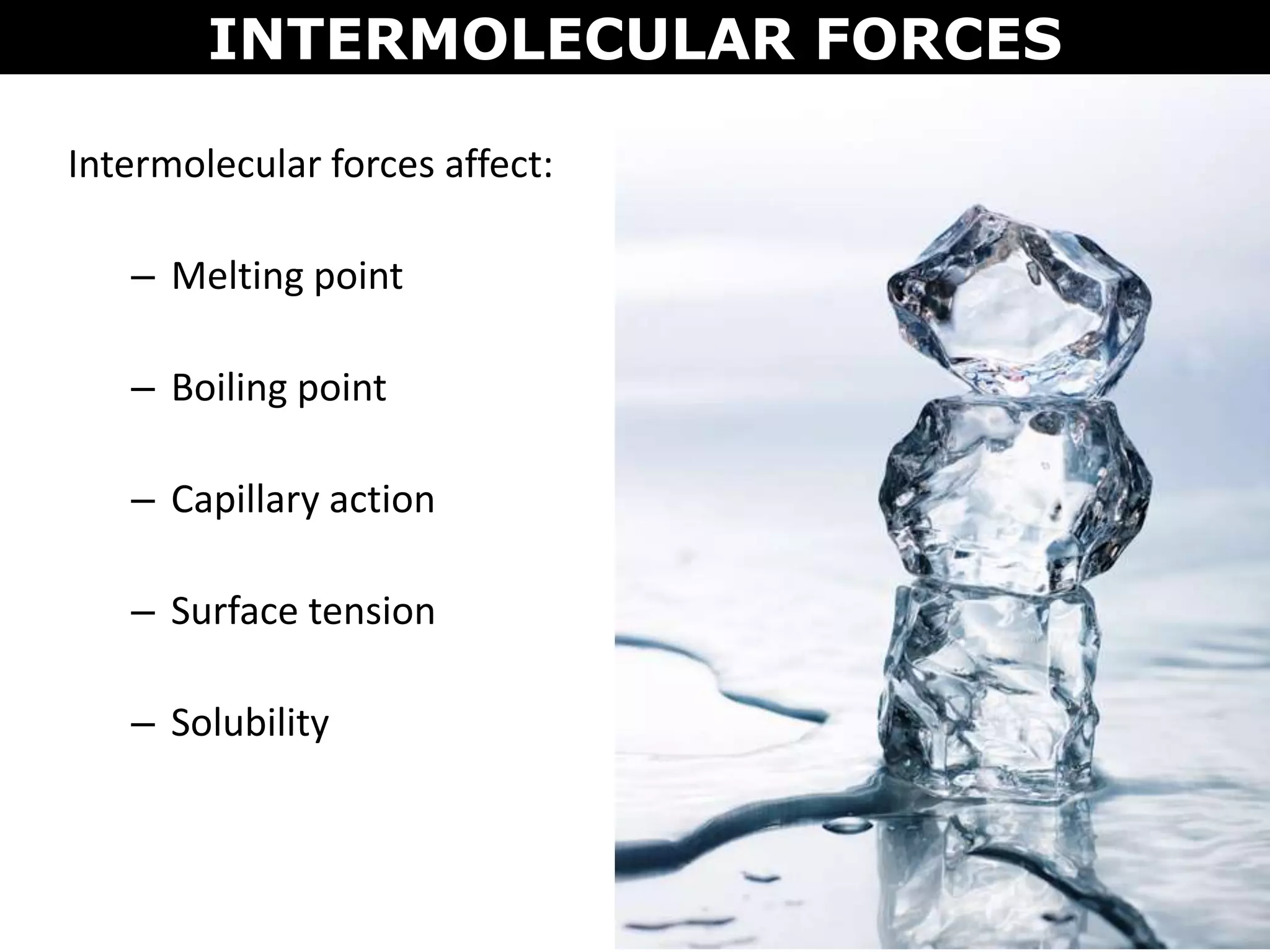 Intermolecular forces affect:
– Melting point
– Boiling point
– Capillary action
– Surface tension
– Solubility
INTERMOLECULAR FORCES
 