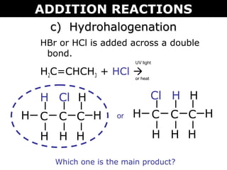 c) Hydrohalogenationc) Hydrohalogenation
HBr or HCl is added across a double
bond.
H2C=CHCH3 + HCl 
C C C
UV light
or heat
H
H
H
H
Cl
H
H
H C C CH
H
Cl
H
H
H
H
Hor
Which one is the main product?
ADDITION REACTIONS
 