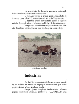 82

               No município de Tangará, pratica-se principal-
mente a criação de bovinos e de ovelhas.
               O rebanho bovino é criado com a finalidade de
fornecer carne e leite, destacando-se na pecuária Tangaraense.
               O rebanho ovino considerado como a segunda
criação do município é criada com o objetivo de fornecer carne.
               São poucos os fazendeiros que dedicam-se a cria-
ção de cabras, principalmente para produção de carne e leite.




                      criação de ovelhas


              Indústrias
               As famílias comumente deslocam-se para a capi-
tal do Estado em busca de empregos, ocasionando, por assim
dizer, o êxodo urbano em larga escala.
               Tangará possui em pleno funcionamento três em-
presas, sendo uma fábrica de confecções – CAMALEON, uma
 
