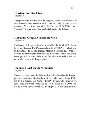 91

Lourival Ferreira Lima
Tangará/RN

Agropecuarista. Foi Prefeito de Tangará, tendo sido afastado de
suas funções antes do término do mandato pela Câmara de Ve-
readores. Viveu toda sua vida, da Fazenda Três Voltas para
Tangará. Terminou sua vida em Natal, capital do Estado.


Maria das Graças Almeida de Melo
Tangará/RN,

Professora. Foi a primeira diretora da Escola Estadual Professor
Severino Bezerra. Foi Coordenadora do MOBRAL – Movimen-
to Brasileiro de Alfabetização. Militante Política no PMDB –
Partido do Movimento Democrático Brasileiro, sendo sua Presi-
dente por vários anos. Educadora Social, viveu toda a sua vida
em prol da educação Tangaraense.


Francisco Barbosa de Mendonça
Tangará/RN

Empresário do ramo de informática. Vice-Prefeito de Tangará
por dois mandatos. Bacharel em direito pela Universidade Fede-
ral do Rio Grande do Norte – UFRN. Criador de camarão em
água doce em propriedade sua no Trairi. Faleceu em 2004 víti-
ma de acidente automobilístico na BR perto de Parnamirim/RN.
 