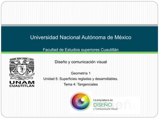 Universidad Nacional Autónoma de México
Facultad de Estudios superiores Cuautitlán
Diseño y comunicación visual
Geometría 1
Unidad 5: Superficies regladas y desarrollables.
Tema 4: Tangenciales
 