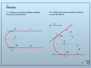 14
R
r
s
7.
ENLACES
7.1.- Enlazar dos rectas paralelas mediante
un arco de circunferencia
7.2.- Enlazar dos rectas secantes mediante
un arco de radio R.
r
s
A
90
B
O
R
R
O
T
T
90
90
 