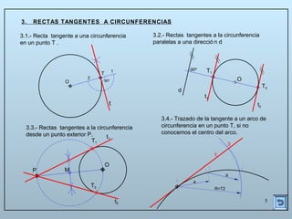 5
3. RECTAS TANGENTES A CIRCUNFERENCIAS
3.1.- Recta tangente a una circunferencia
en un punto T .
3.2.- Rectas tangentes a la circunferencia
paralelas a una direcció n d
3.3.- Rectas tangentes a la circunferencia
desde un punto exterior P.
3.4.- Trazado de la tangente a un arco de
circunferencia en un punto T, si no
conocemos el centro del arco.
t1
t2
T1
T2
d
O
O
P M
t1
t2
T1
T2
90º
a
a
R=T2
O
T 1
2
90º
t
 