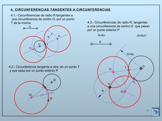 7
4. CIRCUNFERENCIAS TANGENTES A CIRCUNFERENCIAS
4.1.- Circunferencias de radio R tangentes a
una circunferencia de centro O, por un punto
T de la misma.
R
O
R
T
O1
O2
4.3.- Circunferencias de radio R, tangentes
a una circunferencia de centro O que pasan
por un punto exterior P
P
O
R
R
R+Ro
T1
T2
O1
O2
4.2.- Circunferencia tangente a otra, en un punto T
y que pasa por un punto exterior P
O
T
P
O1
R+Ro (R-Ro)?
 