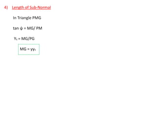 4) Length of Sub-Normal
In Triangle PMG
tan ψ = MG/ PM
Y₁ = MG/PG
MG = yy₁
 