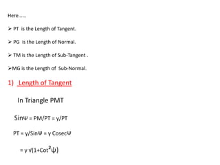 Here……
 PT is the Length of Tangent.
 PG is the Length of Normal.
 TM is the Length of Sub-Tangent .
MG is the Length of Sub-Normal.
1) Length of Tangent
In Triangle PMT
SinΨ = PM/PT = y/PT
PT = y/SinΨ = y CosecΨ
= y √(1+Cot²ψ)
 