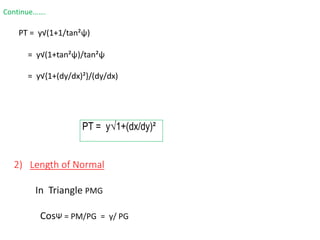 Continue…….
PT = y√(1+1/tan²ψ)
= y√(1+tan²ψ)/tan²ψ
= y√{1+(dy/dx)²}/(dy/dx)
PT = y√1+(dx/dy)²
2) Length of Normal
In Triangle PMG
CosΨ = PM/PG = y/ PG
 