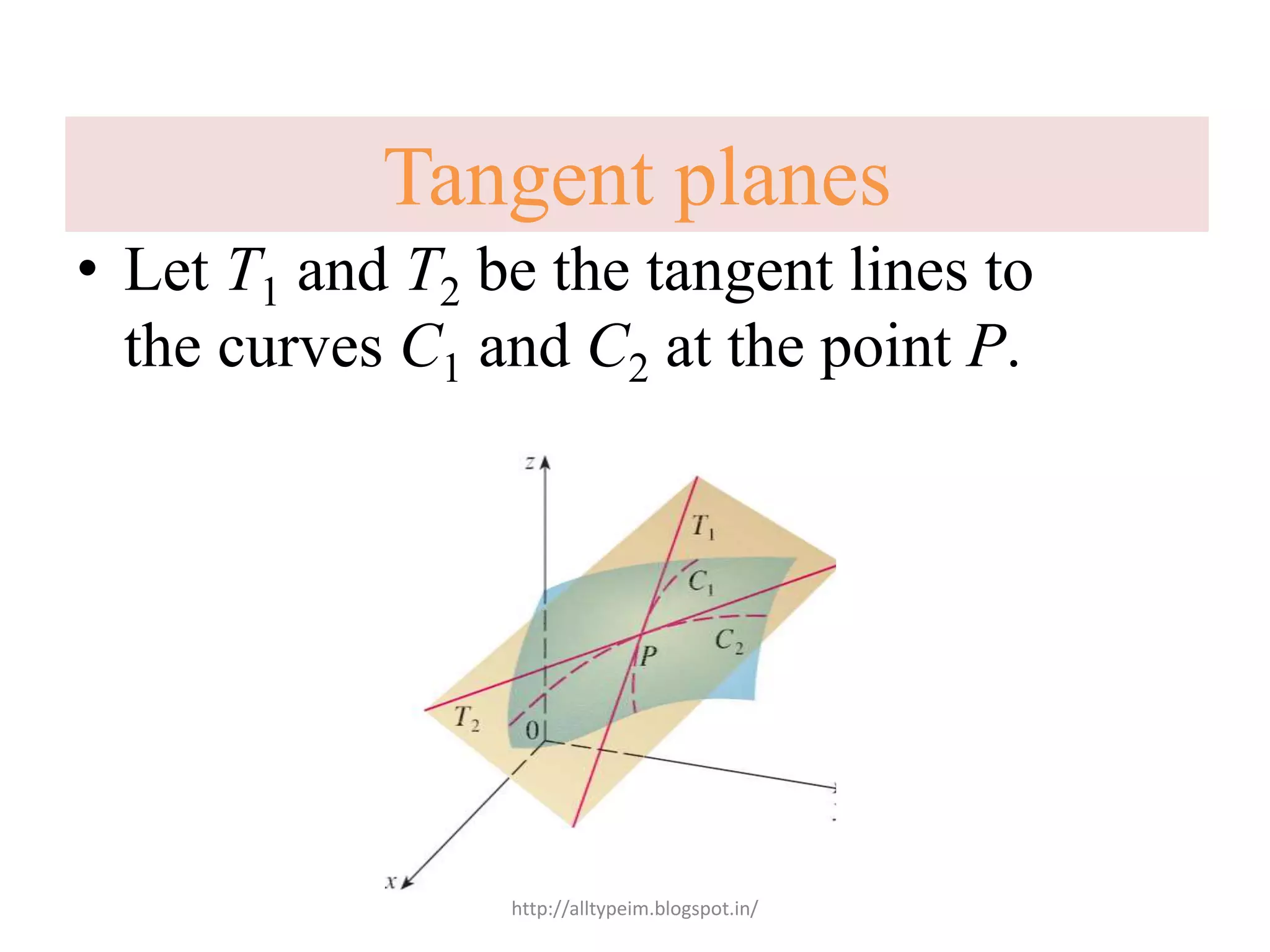 • Let T1 and T2 be the tangent lines to
the curves C1 and C2 at the point P.
Tangent planes
http://alltypeim.blogspot.in/
 