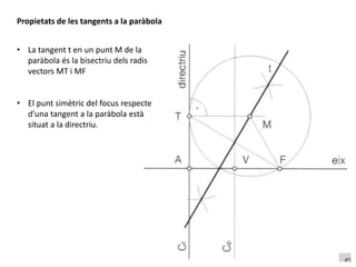 • La tangent t en un punt M de la
paràbola és la bisectriu dels radis
vectors MT i MF
• El punt simètric del focus respecte
d'una tangent a la paràbola està
situat a la directriu.
Propietats de les tangents a la paràbola
 