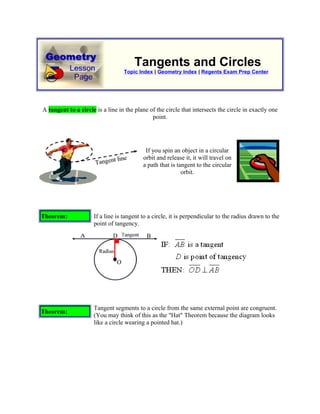 Tangents and Circles
                                  Topic Index | Geometry Index | Regents Exam Prep Center




A tangent to a circle is a line in the plane of the circle that intersects the circle in exactly one
                                              point.




                                           If you spin an object in a circular
                                          orbit and release it, it will travel on
                                          a path that is tangent to the circular
                                                           orbit.




Theorem:             If a line is tangent to a circle, it is perpendicular to the radius drawn to the
                     point of tangency.




                     Tangent segments to a circle from the same external point are congruent.
Theorem:
                     (You may think of this as the "Hat" Theorem because the diagram looks
                     like a circle wearing a pointed hat.)
 