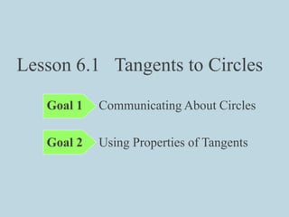 Lesson 6.1 Tangents to Circles
Goal 1 Communicating About Circles
Goal 2 Using Properties of Tangents
 