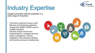 Industry Expertise
Tangenz provides relevant expertise in a
wide range of industries
• They serve customers across small,
...