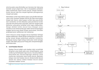 12 Pedoman kesiapsiagaan tanggap darurat di gedung perkantoran Pedoman kesiapsiagaan tanggap darurat di gedung perkantoran 61
serta kerusakan yang ditimbulkan pun bervariasi dari skala yang
terendah sampai sangat besar. Hal ini menyebabkan perbedaan
dalam karakteristik respon kondisi darurat. Dengan demikian,
kondisi darurat tidak bisa menjadi legitimasi penanganannya
menjadi asal-asalan.
Ketersediaan sumber daya sebesar apapun yang dimiliki tidak akan
cukup untuk merespon keadaan darurat jika tidak direncanakan
dengan baik. Namun, sekecil apapun sumber daya yang dimiliki
akan memberikan arti bila didasarkan pada pemahaman kondisi
yang baik serta perencanaan yang tepat, cepat dan mengena pada
kebutuhan yang paling mendesak untuk segera dilaksanakan.
Dengan demkian kondisi darurat harus ditangani secara
menyeluruh dan berkesinambungan dalam bentuk kesiapsiagaan
tanggap darurat yang diawali dengan perencanaan, kemudian
pengorganisasian, pelaksanaan dan evaluasinya.
Untuk menyusun protap tanggap darurat diperlukan berbagai
tahapan pelaksanaan, diawali dengan pembentukan tim penyusun
protap sampai dengan pelaksanaan pelatihan simulasinya.
Mengingat jenjang tingkat bahaya kedaruratan terdiri berbagai
tingkat, maka dalam penyusunan Protap perlu mempertimbangkan
level kedaruratan.
A.	 Level Keadaan Darurat
	 Keadaan Darurat adalah suatu keadaan tidak normal/tidak
diinginkan yang terjadi pada suatu tempat/kegiatan, yang
cenderung membahayakan bagi manusia, merusak peralatan/
harta-benda atau merusak lingkungan sekitarnya. Untuk
menilai atau menentukan status kondisi darurat, diperlukan
kategori atau level keadaan darurat�������������������������, dimana kondisi darurat
diawali dari adanya indikasi keadaan darurat sampai
dinyatakan keadaan normal.
4. 	 Regu Evakuasi
4. Regu Evakuasi
Informasi		evakuasi
Ada korban ?
Selesai
Berkumpul di tempat
berhimpun , data
jumlah karyawan
Tidak
Ya
Ya
Tempat posisi tunggu
instruksi dari
Koordinator lantai
Arahkan pengunjung /
penghuni menuju tangga
darurat untuk berkumpul
di tempat berhimpun,
cegah penggunaan lift
Ya
Laporkan data karyawan
kpd koordinator
Lantai//zona
Ada instruksi
evakuasi ?
Hubung Regu P3K
ke TKP
Periksa lokasi/
pastikan tidak ada orang
yang tertinggal
Tidak
 