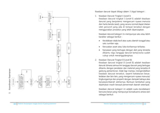 60 Pedoman kesiapsiagaan tanggap darurat di gedung perkantoran Pedoman kesiapsiagaan tanggap darurat di gedung perkantoran 13
3.	KoordinatorKeamanan
3.KoordinatorKeamanan
KoordinasikandgnKomando
KeadaanDarurat&Koord.
Lantaimengetahuikejadian
danmengambiltindakan
Terima	laporan
Perlubantuan
Polisi/Gegana?
PanggilPolisi,
serahkankomando
kepadaPolisi/Gegana
BersamaPolisidan
Regupengaman
upayakanpencarian
Bom
Proses
pencarian?
Ya
Tidak
Tidakadanya
indikasiBom
Berkumpuldi
assemblyarea
Adanyaindikasi
Bom
Rencanakanuntuk
evakuasidanclose
area
AMAN
Laporkankondisikpd
KoordinatorKeadaan
Darurat
Keposkotisuntuk
berkoordinasi
Selesai
Ya
Tidak
	 Keadaan darurat dapat dibagi dalam 3 (tiga) kategori :
1.	 Keadaan Darurat Tingkat I (Level I)
	 Keadaan darurat tingkat I (Level I) adalah keadaan
darurat yang berpotensi mengancam nyawa manusia
dan harta benda (aset), yang secara normal dapat diatasi
oleh personil yang ada di tempat tersebut dengan
menggunakan prosedur yang telah dipersiapkan.
	 Keadaan darurat kategori ini mempunyai satu atau lebih
karakter sebagai berikut :
•	 Kecelakaan skala kecil atas suatu daerah tunggal atau
satu sumber saja.
•	 Kerusakan asset atau luka korbannya terbatas.
•	 Karyawan yang bertugas dengan alat yang tersedia
dibantu regu tanggap darurat lantai/zona sudah
cukup untuk menanggulanginya.
2.	 Keadaan Darurat Tingkat II (Level II)
	 Keadaan darurat tingkat II (Level II) adalah keadaan
darurat dimana semua tim tanggap darurat yang bertugas
dibantu dengan peralatan dan material yang tersedia di
gedung perkantoran, tidak lagi mampu mengendalikan
keadaan darurat tersebut, seperti kebakaran besar,
ledakan dan lain-lain, yang mengancam nyawa manusia/
lingkungannya dan properti dengan dampak bahaya atas
karyawan/daerah sekitarnya. Bantuan tambahan yang
diperlukan masih berasal pemerintah daerah setempat.
	 Keadaan darurat kategori ini adalah suatu kecelakaan/
bencana besar yang rnempunyai konsekuensi antara lain
sebagai berikut:
 