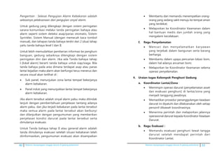 40 Pedoman kesiapsiagaan tanggap darurat di gedung perkantoran Pedoman kesiapsiagaan tanggap darurat di gedung perkantoran 33
	 Pengertian : Selesai Pengujian Alarm Kebakaran adalah
selesainya pelaksanaan dari pengujian sinyal alarm.
	 Untuk gedung yang dilengkapi dengan sistem peringatan
sarana komunikasi melalui tanda peringatan bahaya atau
alarm seperti sistem deteksi asap/panas otomatis, Sistem
Sprinkler, Sistem Manual (dengan memecah kaca tombol
manual), dan tahapan tanda bahaya terdiri dari 2 (dua) tahap
yaitu tanda bahaya level I dan II.
	 Untuk lebih memudahkan pemberian informasi ke penghuni
banguan, gedung sebaiknya dilengkapi dengan sistem
peringatan dini dan alarm. Jika ada Tanda bahaya tahap
I (lokal alarm) berarti tanda bahaya untuk siap/siaga. Bila
tanda bahaya pada area dimana terdapat asap atau panas
lantai kejadian maka alarm akan berfungsi terus menerus dan
secara visual akan terlihat di :
•	 Sub panel, menunjukan zona lantai tempat bekerjanya
alarm kebakaran.
•	 Panel induk yang menunjukkan lantai tempat bekerjanya
alarm kebakaran.
	 Jika alarm tersebut adalah sinyal alarm palsu maka ditindak
lanjuti dengan pemberitahuan penjelasan tantang adanya
alarm palsu, dan jika terjadi kebakaran pada lantai tersebut
maka semua alarm pada lantai tersebut akan berbunyi
dan dilanjutkan dengan pengumuman yang memberikan
penjelasan kondisi darurat pada lantai tersebut serta
dimulainya evakuasi.
	 Untuk Tanda bahaya tahap II atau general alarm adalah
tanda dimulainya evakuasi setelah situasi kebakaran telah
diinformasikan, pengumuman evakuasi akan disampaikan
•	 Membantu dan memandu menempatkan orang-
orang yang sedang sakit menuju ke tempat aman
yang terdekat;
•	 Melaporkan ke Koordinator Keamanan dalam
hal bantuan medis dan jumlah orang yang
mengalami kecelakaan.
f.	 Regu Penyelamatan
•	 Mencari dan menyelamatkan karyawan
yang terjebak dalam bangunan serta barang
berharga;
•	 Membantu dalam upaya pencarian lokasi bom,
dalam hal adanya ancaman bom;
•	 Melaporkan ke Koordinator Keamanan selama
operasi penyelamatan.
4.	 Uraian tugas Kelompok Penghuni Gedung
a. 	 Koordinator Lantai/Zona :
•	 Memimpin operasi darurat (penyelamatan asset
dan evakuasi penghuni) di lantai/zona yang
menjadi tanggung jawabnya;
•	 Memastikan prosedur penanggulangan keadaan
darurat ini dipatuhi dan dilaksanakan oleh setiap
personil dibawah koordinasinya;
•	 Menerima perintah dan melaporkan jalannya
operasional darurat kepada Koordinator Keadaan
Darurat.
b.	 Regu Evakuasi :
•	 Memandu evakuasi penghuni lewat tangga
darurat setelah mendapat perintah dari
Koordinator Lantai;
 