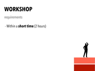 - Within a short time (2 hours)
WORKSHOP
requirements
 