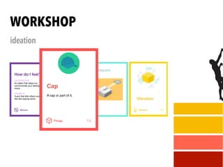 WORKSHOP
ideation
Missions M-5
Social interaction
Create a concept that helps to
facilitate some kind of interaction
between people.
A pin for breaking the ice at a
party that lights up when you are
near your table companion.
GOAL
EXAMPLE
How do I feel?
DESCRIPTION
An object that helps you
communicate your feelings or
mood.
EXAMPLE
A pen that tells others you
feel like staying alone.
Human actions A-6
Tilt
The user tilts the object on one of
three axes.
Pressure
Feedback F-8
Vibrate
The object starts vibrating.
Vibration
Things T-2
Bike
An object that integrates with
your bike or is brought along with
the bike, like a helmet or a lock.
Cappellino
Un oggetto parte del
cappellino o che usa il
cappellino.
Cap
A cap or part of it.
 