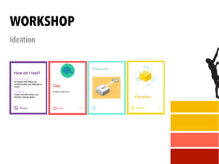 WORKSHOP
ideation
Missions M-5
Social interaction
Create a concept that helps to
facilitate some kind of interaction
between people.
A pin for breaking the ice at a
party that lights up when you are
near your table companion.
GOAL
EXAMPLE
How do I feel?
DESCRIPTION
An object that helps you
communicate your feelings or
mood.
EXAMPLE
A pen that tells others you
feel like staying alone.
Feedback F-8
Vibrate
The object starts vibrating.
Vibration
Things T-2
Bike
An object that integrates with
your bike or is brought along with
the bike, like a helmet or a lock.
Cappellino
Un oggetto parte del
cappellino o che usa il
cappellino.
Cap
A cap or part of it.
Human actions A-6
Tilt
The user tilts the object on one of
three axes.
Pressure
 