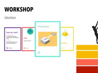 WORKSHOP
ideation
Missions M-5
Social interaction
Create a concept that helps to
facilitate some kind of interaction
between people.
A pin for breaking the ice at a
party that lights up when you are
near your table companion.
GOAL
EXAMPLE
How do I feel?
DESCRIPTION
An object that helps you
communicate your feelings or
mood.
EXAMPLE
A pen that tells others you
feel like staying alone.
Feedback F-8
Vibrate
The object starts vibrating.
Vibration
Things T-2
Bike
An object that integrates with
your bike or is brought along with
the bike, like a helmet or a lock.
Cappellino
Un oggetto parte del
cappellino o che usa il
cappellino.
Cap
A cap or part of it.
Human actions A-6
Tilt
The user tilts the object on one of
three axes.
Pressure
 