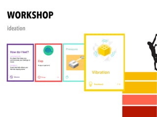 WORKSHOP
ideation
Missions M-5
Social interaction
Create a concept that helps to
facilitate some kind of interaction
between people.
A pin for breaking the ice at a
party that lights up when you are
near your table companion.
GOAL
EXAMPLE
How do I feel?
DESCRIPTION
An object that helps you
communicate your feelings or
mood.
EXAMPLE
A pen that tells others you
feel like staying alone.
Human actions A-6
Tilt
The user tilts the object on one of
three axes.
Pressure
Things T-2
Bike
An object that integrates with
your bike or is brought along with
the bike, like a helmet or a lock.
Cappellino
Un oggetto parte del
cappellino o che usa il
cappellino.
Cap
A cap or part of it.
Feedback F-8
Vibrate
The object starts vibrating.
Vibration
 