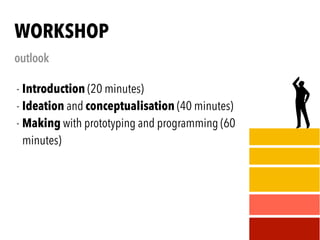- Introduction (20 minutes)
- Ideation and conceptualisation (40 minutes)
- Making with prototyping and programming (60
minutes)
WORKSHOP
outlook
 