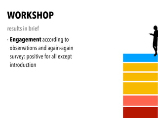 WORKSHOP
results in brief
- Engagement according to
observations and again-again
survey: positive for all except
introduction
 