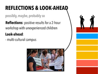.
Reﬂections: positive results for a 2-hour
workshop with unexperienced children
REFLECTIONS & LOOK-AHEAD
possibly,maybe,probably so
,
Look-ahead:
- multi-cultural campus
 