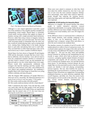 When users were asked to comment on what they liked
                                                                   most about the exhibit, interactivity, how fun it was, and
                                                                   ease of user were the most common responses. Perhaps
                                                                   more interestingly, when asked what could be improved,
                                                                   people thought that reducing the tracking latency,
                                                                   improving image quality and improving HMD quality were
                                                                   most important.
                                                                   ARGROOVE: 3D AR Interface for Interactive Music
                                                                   ARGroove is a tangible AR musical interface that allows
    Fig 3: The Spatial Interaction Based on Proximity              people to control interactive electronic musical
                                                                   compositions individually or in a group. Unlike the previous
Although is a very simp le application it provides a good
                                                                   interface ARGroove uses more complex 3D physical motion
test of the usefulness of the tangible interface metaphor for
                                                                   to control a non-visual modality, and it uses 3D widgets for
manipulating virtual models. Shared Space is essentially
                                                                   AR displays.
virtual model viewing software that support six degree of
freedom viewing with a simple proximity based interaction.         In the ARGroove music is constructed from a collection of
However, rather than using a mouse or magnetic tracker to          short looped elements, each carefully composed to fit
manipulate the model, users just hold cards. The form of the       others so they can be interactively mixed. For each
cards encourage people to manipulate them the same way             individual loop a composer assigns filters and effects, to
they would use normal playing cards, such as turning them          allow the user to interactively modulate them.
over, rotating them, holding them in the hands, passing            The interface consists of a number of real LP records with
them to each other and placing them next to each other.            markers placed on a table in front of a projection screen. An
They can hold them in either hand and many cards can be            overhead camera captures the image of the table and shows
uncovered at once to show a number of different objects.           it on the screen with additional 3D widgets overlaid on each
Shared Space has been shown at Siggraph 99 and Imagina             card (figure 7). The user can play, remix and modulate
2000 and the thousands of people that have tried it have           musical elements by picking up and manipulating the real
had no difficulty with the interface. Users did not need to        records in space which serve both as physical musical
learn any complicated computer interface or command set            containers, grouping together related elements of musical
and they found it natural to pick up and manipulate the            composition, and tangible AR 3D controllers, that allow
physical cards to view the virtual objects from every angle.       users to interactively modulate music, mix and fade between
Players would often spontaneously collaborate with                 music pieces. To start playing a musical element, the user
strangers who had the matching card they needed. They              simply flips over the associated record so that the overhead
would pass cards between each other, and collaboratively           camera can identify it and start playing corresponding
view objects and completed animations. By combining a              musical sequence. The user then modifies the sound by
tangible object with virtual image we found that even young        translating the record up and down, or rotating and tilting it
children could play and enjoy the game.                            (Figure 8), these 3D motions are mapped into corresponding
                                                                   modulation functions, e.g. pitch, distortion, amplitude, filter
After the Imagina 2000 experience 157 people filled out a          cut-off frequency, and delay mix. Since the system tracks
short user survey, answering the following questions on a          and recognizes several records at the same time, users can
scale of one to seven (1=not very easily, 7=very easily):          play several musical elements simultaneously and
Q1: How easily could you play with other people?                   collaboratively.
Q2: How easily could you interact with the virtual objects?
Table 2 summarizes the results. Users felt that they could
very easily play with the other people (5.64) and interact
with the virtual objects (5.62). Both of these are significantly
higher than the neutral value of 3.5; the t-test value row
showing the results from a one-tailed t-test.
                      Q1 (n=132)           Q2 (n=157)
     Average               5.64                5.62
     Std Dev.              1.19                1.20
     t-test val.     237.09, p<0.01       278.74, p<0.01
           Table 2: Shared Space Survey Results                    Figure 7: Two users are playing music in the Augmented
                                                                   Groove: the insert shows the view on the projector screen
 