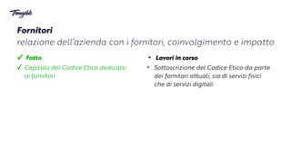 ‣ Lavori in corso


‣ Sottoscrizione del Codice Etico da parte
dei fornitori attuali, sia di servizi fisici
 
che di servizi digitali
✓ Fatto


✓ Capitolo del Codice Etico dedicato
 
ai fornitori
Fornitori


re
l
azione dell’azienda con i fornitori, coinvolgimento e impatto
 