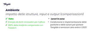 ‣ Lavori in corso


‣ Condivisione e implementazione delle
politiche e delle azioni per portare
Tangible a emissioni zero entro il 2025
✓ Fatto


✓ Energia da fonti rinnovabili per l’ufficio


✓ 100% delle trasferte compensate con
Treedom
Ambiente


impatto delle strutture, input e output (compensazioni)
 