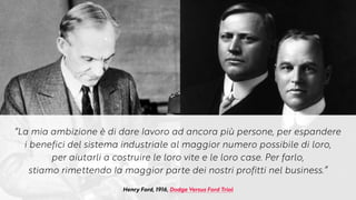 Henry Ford, 1916, Dodge Versus Ford Trial
“La mia ambizione è di dare
l
avoro ad ancora più persone, per espandere


i benefici del sistema industriale al maggior numero possibile di loro,


per aiutarli a costruire le loro vite e le loro case. Per farlo,


stiamo rimettendo
l
a maggior parte dei nostri profitti nel business.”
 