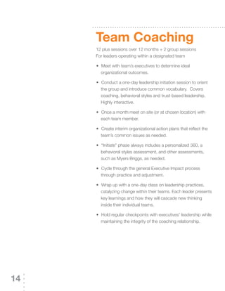 Team Coaching
     12 plus sessions over 12 months + 2 group sessions
     For leaders operating within a designated team

     	 	 	Meet	with	team’s	executives	to	determine	ideal	
     •
         organizational outcomes.

     	 	 	Conduct	a	one-day	leadership	initiation	session	to	orient	
     •
         the group and introduce common vocabulary. Covers
         coaching, behavioral styles and trust-based leadership.
         Highly interactive.

     	 	 	Once	a	month	meet	on	site	(or	at	chosen	location)	with	
     •
         each team member.

     	 	 	Create	interim	organizational	action	plans	that	reflect	the	
     •
         team’s	common	issues	as	needed.

     	 	 	“Initiate”	phase	always	includes	a	personalized	360,	a	
     •
         behavioral styles assessment, and other assessments,
         such as Myers Briggs, as needed.

     	 	 	Cycle	through	the	general	Executive	Impact	process	
     •
         through practice and adjustment.

     	 	 	Wrap	up	with	a	one-day	class	on	leadership	practices,	
     •
         catalyzing	change	within	their	teams.	Each	leader	presents	
         key learnings and how they will cascade new thinking
         inside their individual teams.

     	 	 	Hold	regular	checkpoints	with	executives’	leadership	while	
     •
         maintaining the integrity of the coaching relationship.




14
 