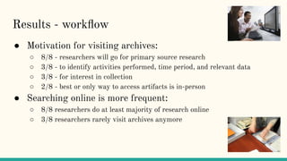 Results - workﬂow
● Motivation for visiting archives:
○ 8/8 - researchers will go for primary source research
○ 3/8 - to i...