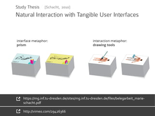 [Schacht, 2010]
Natural Interaction with Tangible User Interfaces
Study Thesis
http://vimeo.com/29426366
https://mg.inf.tu-dresden.de/sites/mg.inf.tu-dresden.de/files/belegarbeit_marie-
schacht.pdf
 