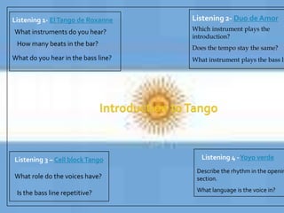 Listening 2- Duo de AmorListening 1- El Tango de RoxanneWhich instrument plays the introduction?What instruments do you hear?How many beats in the bar?Does the tempo stay the same?What do you hear in the bass line?What instrument plays the bass line?Introduction to TangoListening 4 - YoyoverdeListening 3 – Cell block TangoDescribe the rhythm in the opening section.What role do the voices have?What language is the voice in?Is the bass line repetitive?