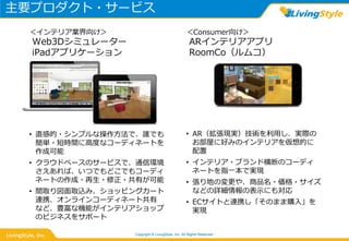 主要プロダクト・サービス
Copyright © LivingStyle, Inc. All Rights Reserved.
＜インテリア業界向け＞
Web3Dシミュレーター
iPadアプリケーション
• 直感的・シンプルな操作方法で、誰でも
簡単・短時間に高度なコーディネートを
作成可能
• クラウドベースのサービスで、通信環境
さえあれば、いつでもどこでもコーディ
ネートの作成・再生・修正・共有が可能
• 間取り図面取込み、ショッピングカート
連携、オンラインコーディネート共有
など、豊富な機能がインテリアショップ
のビジネスをサポート
• AR（拡張現実）技術を利用し、実際の
お部屋に好みのインテリアを仮想的に
配置
• インテリア・ブランド横断のコーディ
ネートを指一本で実現
• 張り地の変更や、商品名・価格・サイズ
などの詳細情報の表示にも対応
• ECサイトと連携し「そのまま購入」を
実現
＜Consumer向け＞
ARインテリアアプリ
RoomCo（ルムコ）
 