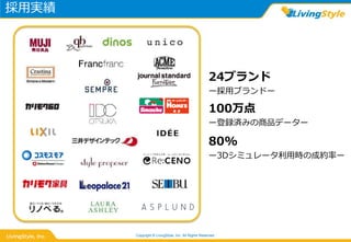 採用実績
Copyright © LivingStyle, Inc. All Rights Reserved.
24ブランド
ー採用ブランドー
100万点
ー登録済みの商品データー
80%
ー3Dシミュレータ利用時の成約率ー
 