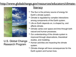 http://www.globalchange.gov/resources/educators/climate-
                        literacy
                     • The Sun is the primary source of energy for
                         Earth’s climate system.
                     •   Climate is regulated by complex interactions
                         among components of the Earth system.
                     •   Life on Earth depends on, is shaped by, and
                         affects climate.
                     •   Climate varies over space and time through both
                         natural and human processes.
                     •   Our understanding of the climate system is
                         improved through observations, theoretical
                         studies, and modeling.
  U.S. Global Change •   Human activities are impacting the climate
  Research Program       system.
                     •   Climate change will have consequences for the
                         Earth system and human lives.
 