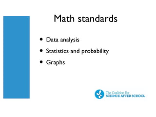 Math standards

• Data analysis
• Statistics and probability
• Graphs
 