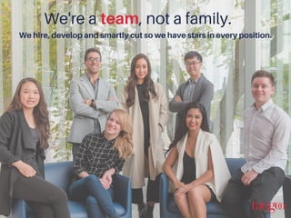 We're a team, not a family.
We hire, develop and smartly cut so we have stars in every position.
 