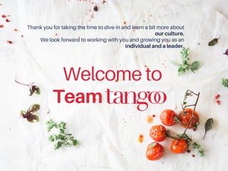 Welcome to
Team
Thank you for taking the time to dive in and learn a bit more about
our culture.
We look forward to working with you and growing you as an
individual and a leader.
 