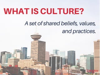 WHAT IS CULTURE?
A set of shared beliefs, values,
and practices.
 