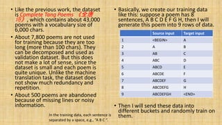 • Like the previous work, the dataset
is Complete Tang Poems 《全唐
诗》, which contains about 43,000
poems with a vocabulary size of
6,000 chars.
• About 7,800 poems are not used
for training because they are too
long (more than 100 chars). They
can be decomposed and used as
validation dataset. But this does
not make a lot of sense, since the
dataset is small and each poem is
quite unique. Unlike the machine
translation task, the dataset does
not show much redundancy and
repetition.
• About 500 poems are abandoned
because of missing lines or noisy
information.
• Basically, we create our training data
like this: suppose a poem has 8
sentences, A B C D E F G H, then I will
generate this poem into 9 rows of data.
• Then I will send these data into
different buckets and randomly train on
them.
Source input Target input
1 <BEGIN> A
2 A B
3 AB C
4 ABC D
5 ABCD E
6 ABCDE F
7 ABCDEF G
8 ABCDEFG H
9 ABCDEFGH <END>
In the training data, each sentence is
separated by a space, e.g., “A B C “.
 