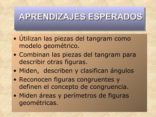 APRENDIZAJES ESPERADOS Útilizan las piezas del tangram como modelo geométrico. Combinan las piezas del tangram para describir otras figuras. Miden,  describen y clasifican ángulos Reconocen figuras congruentes y definen el concepto de congruencia. Miden áreas y perímetros de figuras geométricas. 