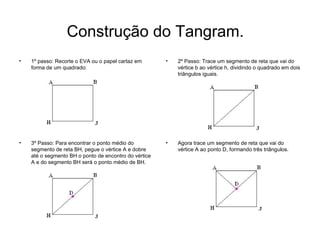 Construção do Tangram.    1º passo: Recorte o EVA ou o papel cartaz em forma de um quadrado:    2º Passo: Trace um segmento de reta que vai do vértice b ao vértice h, dividindo o quadrado em dois triângulos iguais.    3º Passo: Para encontrar o ponto médio do segmento de reta BH, pegue o vértice A e dobre até o segmento BH o ponto de encontro do vértice A e do segmento BH será o ponto médio de BH.  Agora trace um segmento de reta que vai do vértice A ao ponto D, formando três triângulos.  