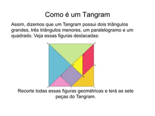 Assim, dizemos que um Tangram possui dois triângulos grandes, três triângulos menores, um paralelogramo e um quadrado. Veja essas figuras destacadas: Recorte todas essas figuras geométricas e terá as sete peças do Tangram.Como é um Tangram