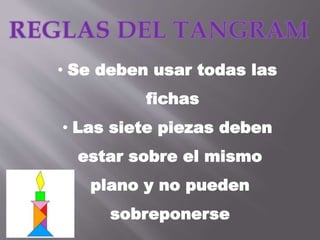 • Se deben usar todas las
fichas
• Las siete piezas deben
estar sobre el mismo
plano y no pueden
sobreponerse
 