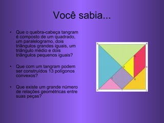 Você sabia... Que o quebra-cabeça tangram é composto de um quadrado, um paralelogramo, dois triângulos grandes iguais, um triângulo médio e dois triângulos pequenos iguais? Que com um tangram podem ser construídos 13 polígonos convexos? Que existe um grande número de relações geométricas entre suas peças? 