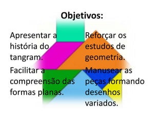 Objetivos: 
Apresentar a 
história do 
tangram. 
Facilitar a 
compreensão das 
formas planas. 
Reforçar os 
estudos de 
geometria. 
Manusear as 
peças formando 
desenhos 
variados. 
 