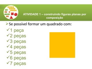 Se possível formar um quadrado com:
ATIVIDADE 1 – construindo figuras planas por
composição
1 peça
2 peças
3 peças
4 peças
5 peças
6 peças
7 peças
 